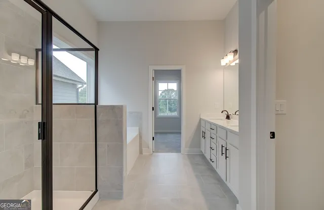 a view of a hallway with windows