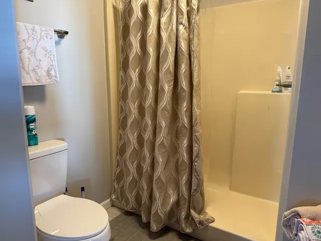 a bathroom with a toilet and shower curtain