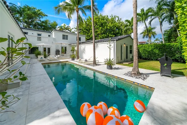 swimming pool view with a garden space