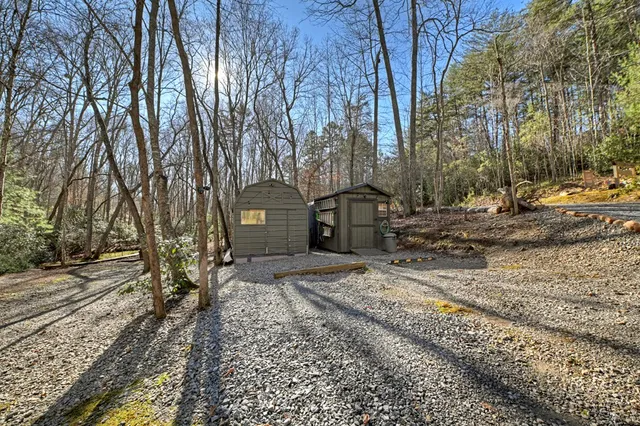 a view of a yard with large trees