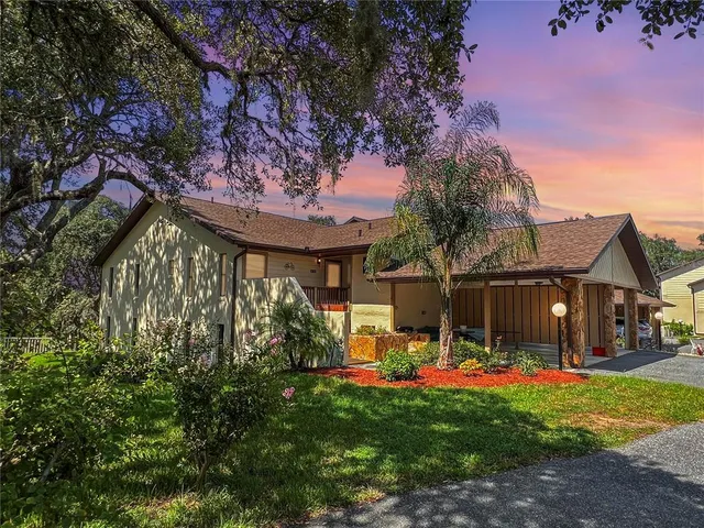 a view of a house with backyard and a tree