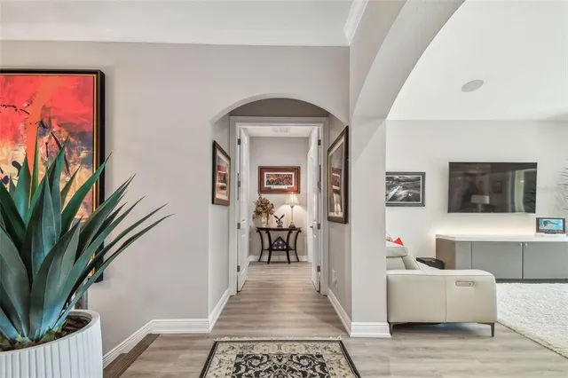 a living room with furniture and a potted plant