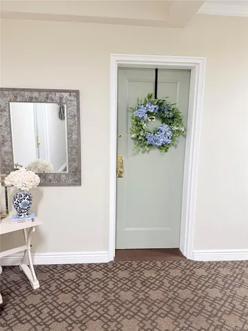 a view of a hallway with wooden floor and a mirror