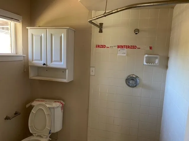 a bathroom with shower and toilet