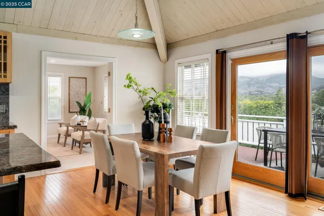 a dining table with kitchen view and wooden floor