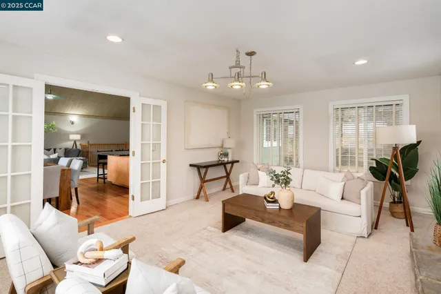 a living room with furniture and a potted plant