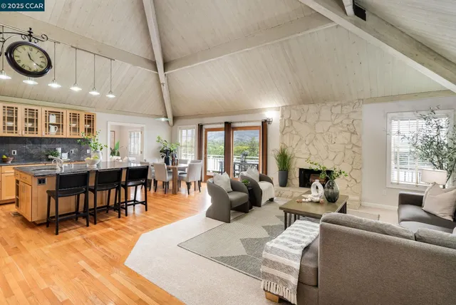 a living room with furniture couches and a fireplace with wooden floor