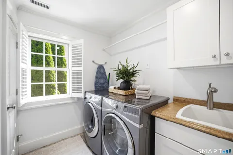 a utility room with sink dryer and potted plant