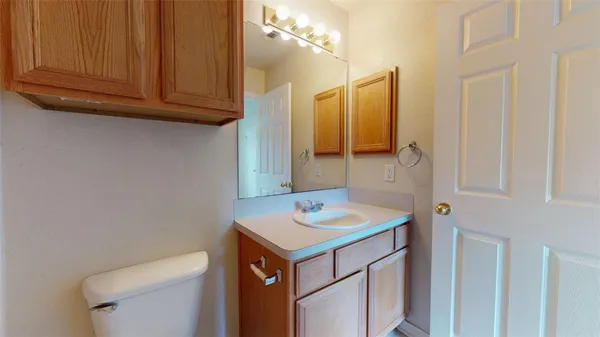 a bathroom with a sink a toilet and vanity