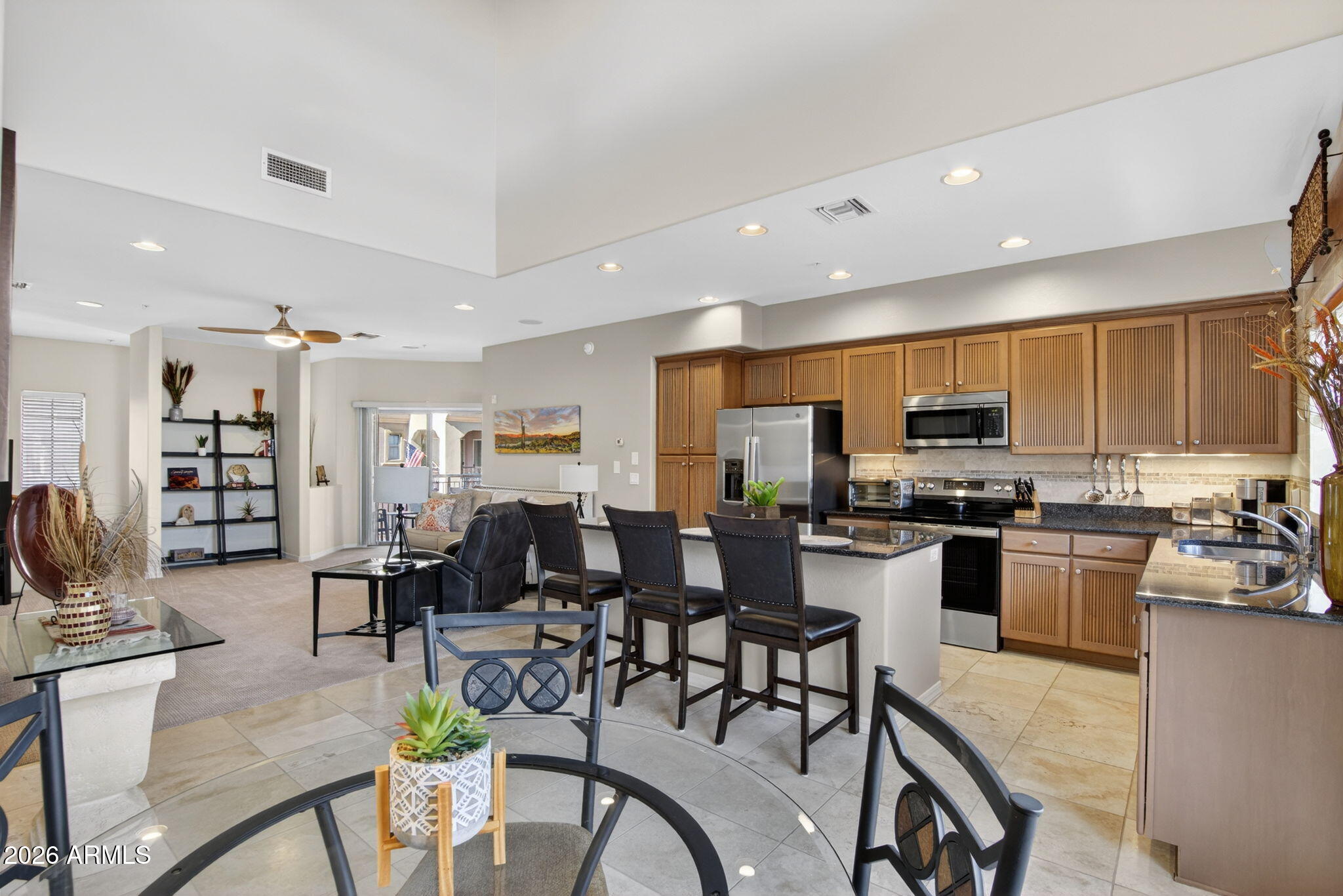 a view of a dining room with furniture