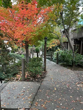 a wooden deck with patio and lake view