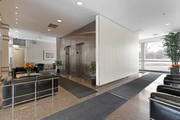a view of a hallway with workspace