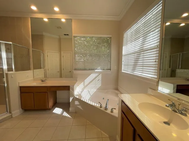 a bathroom with a tub sink and mirror
