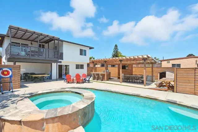 a swimming pool with outdoor seating
