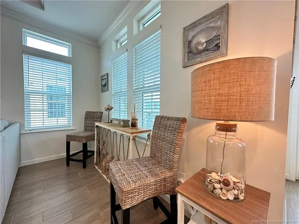 a workspace with furniture and window