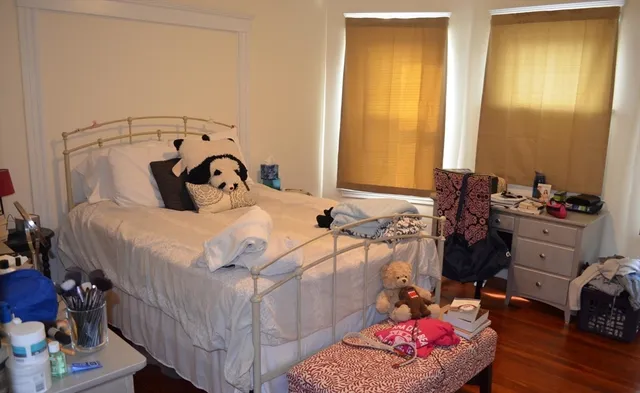 a bedroom with a bed and a window