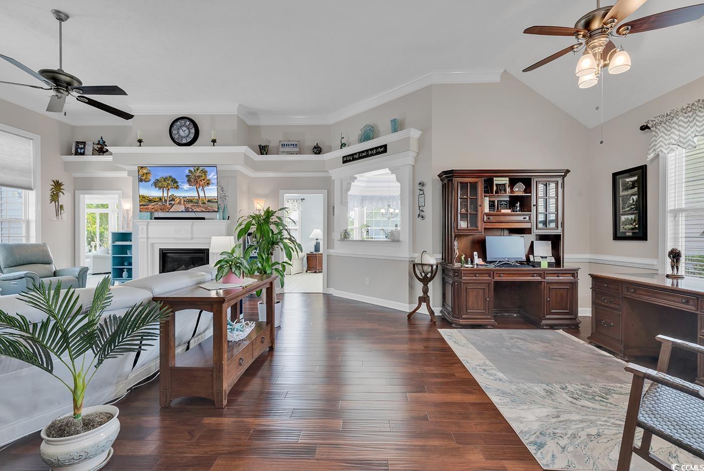 517 Stone Crest Court Murrells Inlet, SC 29576 - Photo 6 of 39 Living room featuring lofted ceiling, dark hardwoo