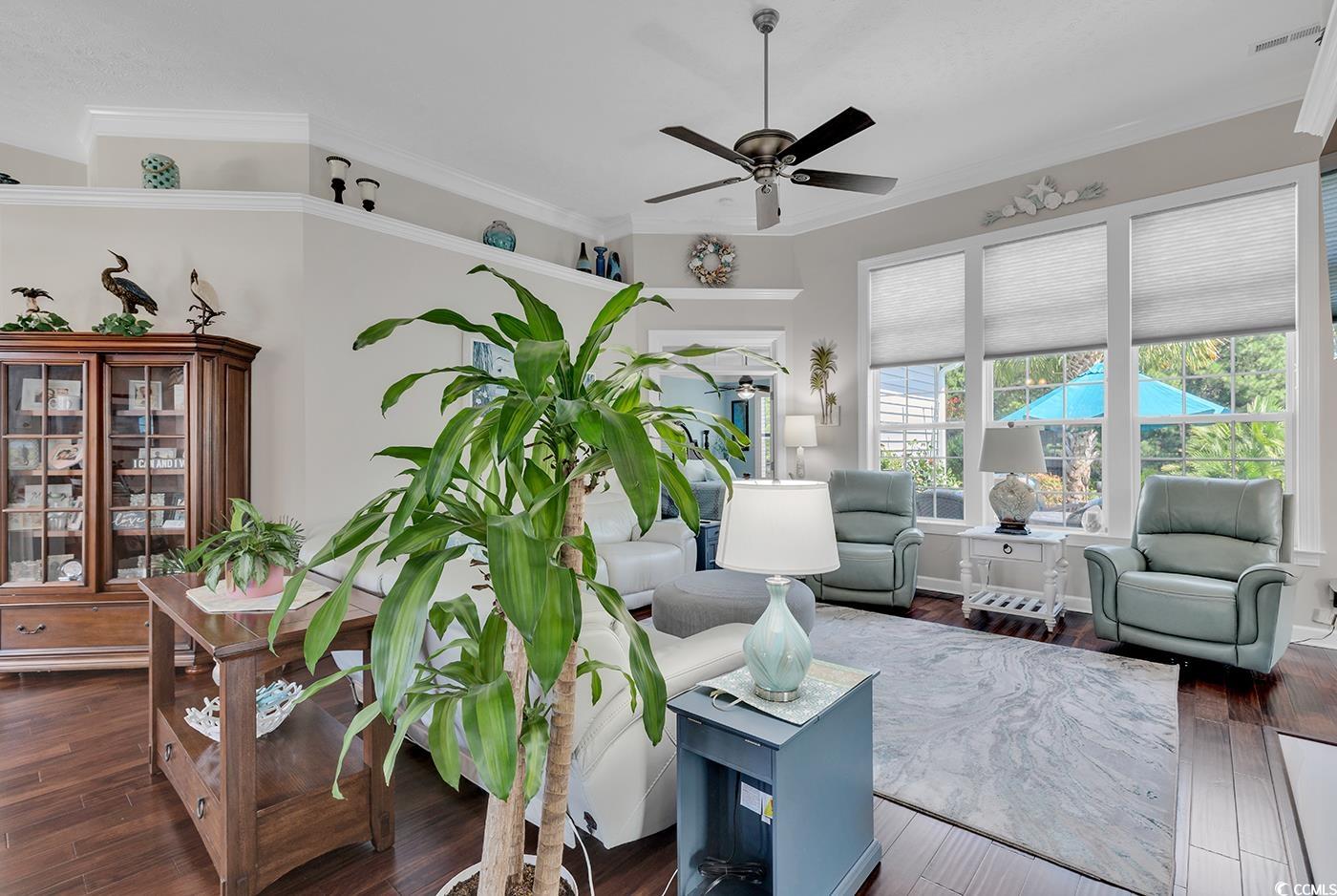 517 Stone Crest Court Murrells Inlet, SC 29576 - Photo 10 of 39 Living room with ornamental molding, ceiling fan,