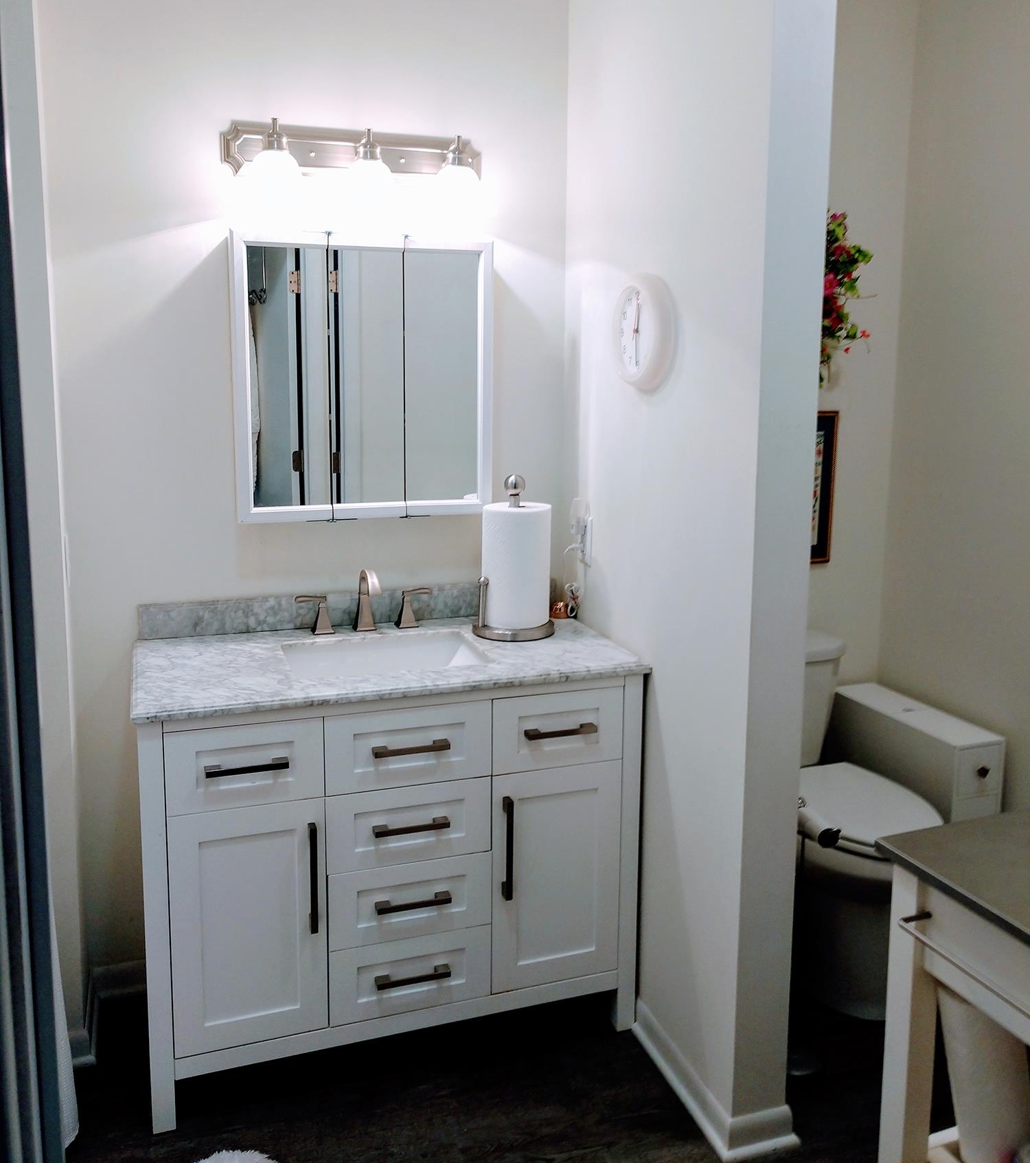 102 East Market Street Mount Carroll, IL 61053 - Photo 44 of 48 a bathroom with a granite countertop sink and a mirror