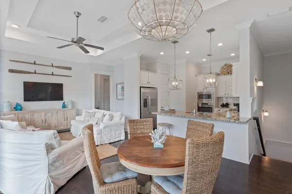 a view of a dining room with furniture