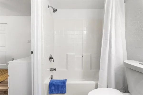 a bathroom with a shower and a toilet