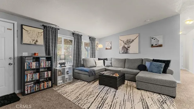 a living room with furniture and a book shelf