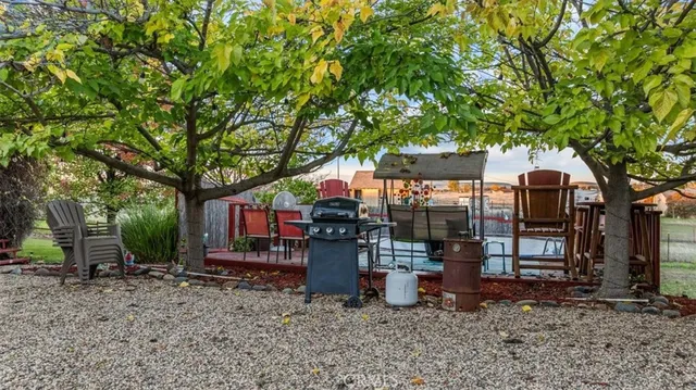 a view of a chairs and table in the backyard