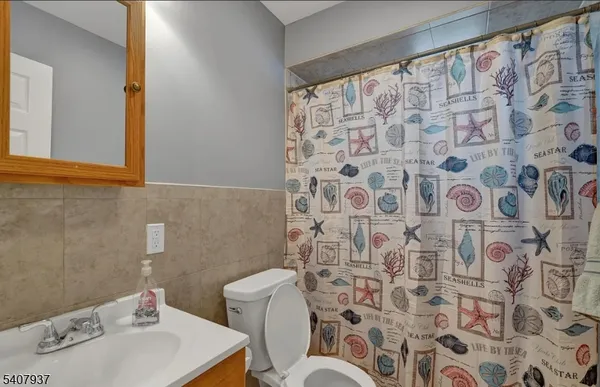 a bathroom with a sink and mirror with toilet