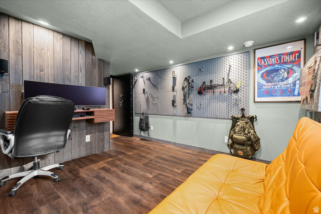 3359 Eurasian Crane Road Clinton, UT 84015 - Photo 51 of 71 Office space with dark wood-style floors, a textured ceiling, and recessed lighting