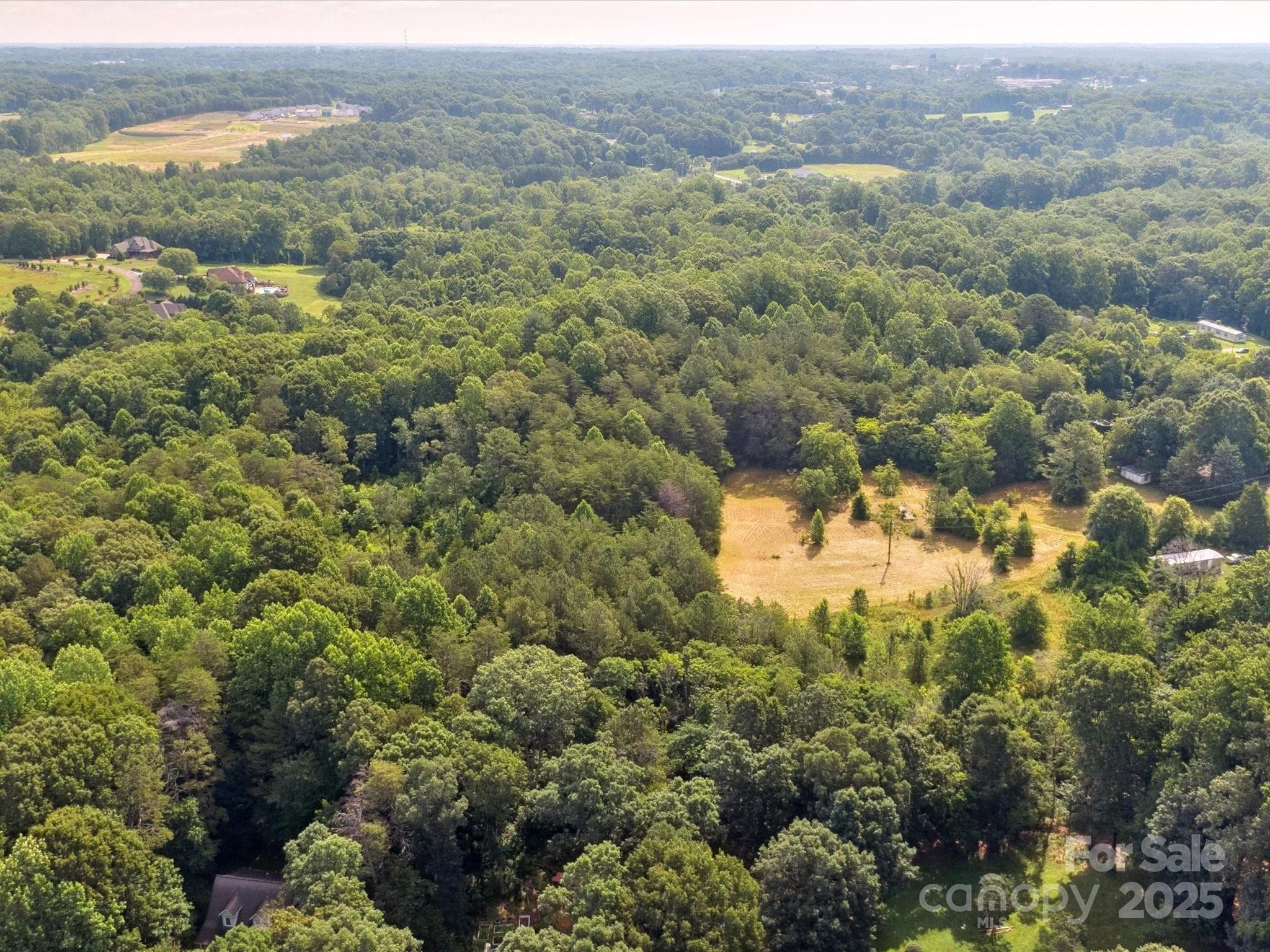 an aerial view of houses covered in trees