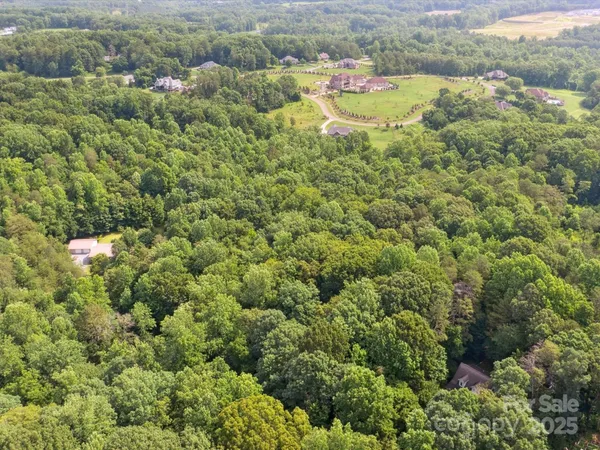 an aerial view of residential houses with outdoor space and trees
