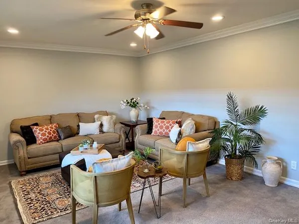 a living room with furniture and a potted plant