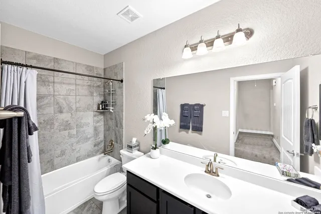 a bathroom with a sink a toilet a mirror a bathtub and shower