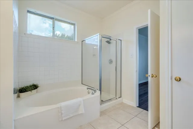 a bathroom with a bathtub and a shower