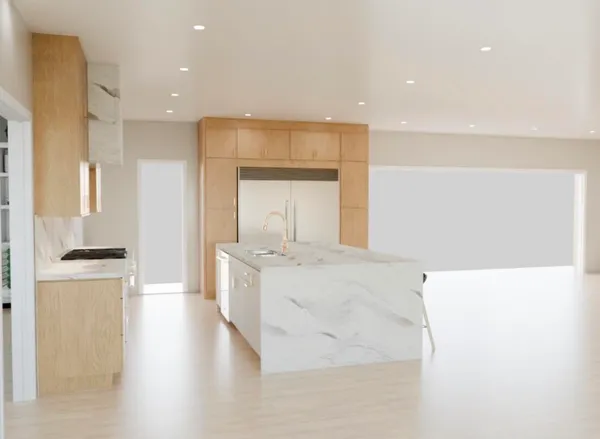a large white kitchen with stainless steel appliances a refrigerator and a stove
