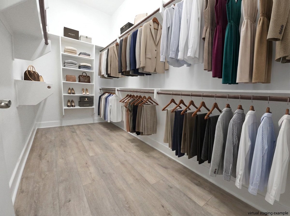 2800 Waymaker Way, Unit 24 Austin, TX 78746 - Photo 14 of 14 Expansive walk-in closet featuring wood-finish flooring, extensive built-in shelving, white baseboards, and multiple clothing rods