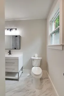 a bathroom with a toilet a sink and mirror