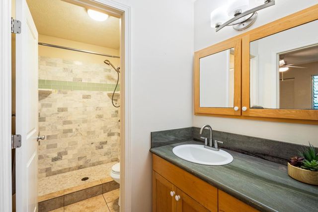 a bathroom with a granite countertop sink and a mirror