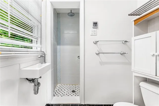 a bathroom with a shower a toilet and a sink