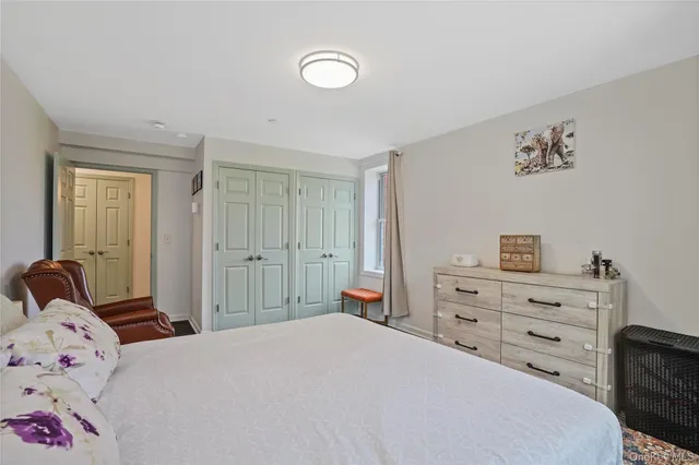 a bedroom with a bed and a closet