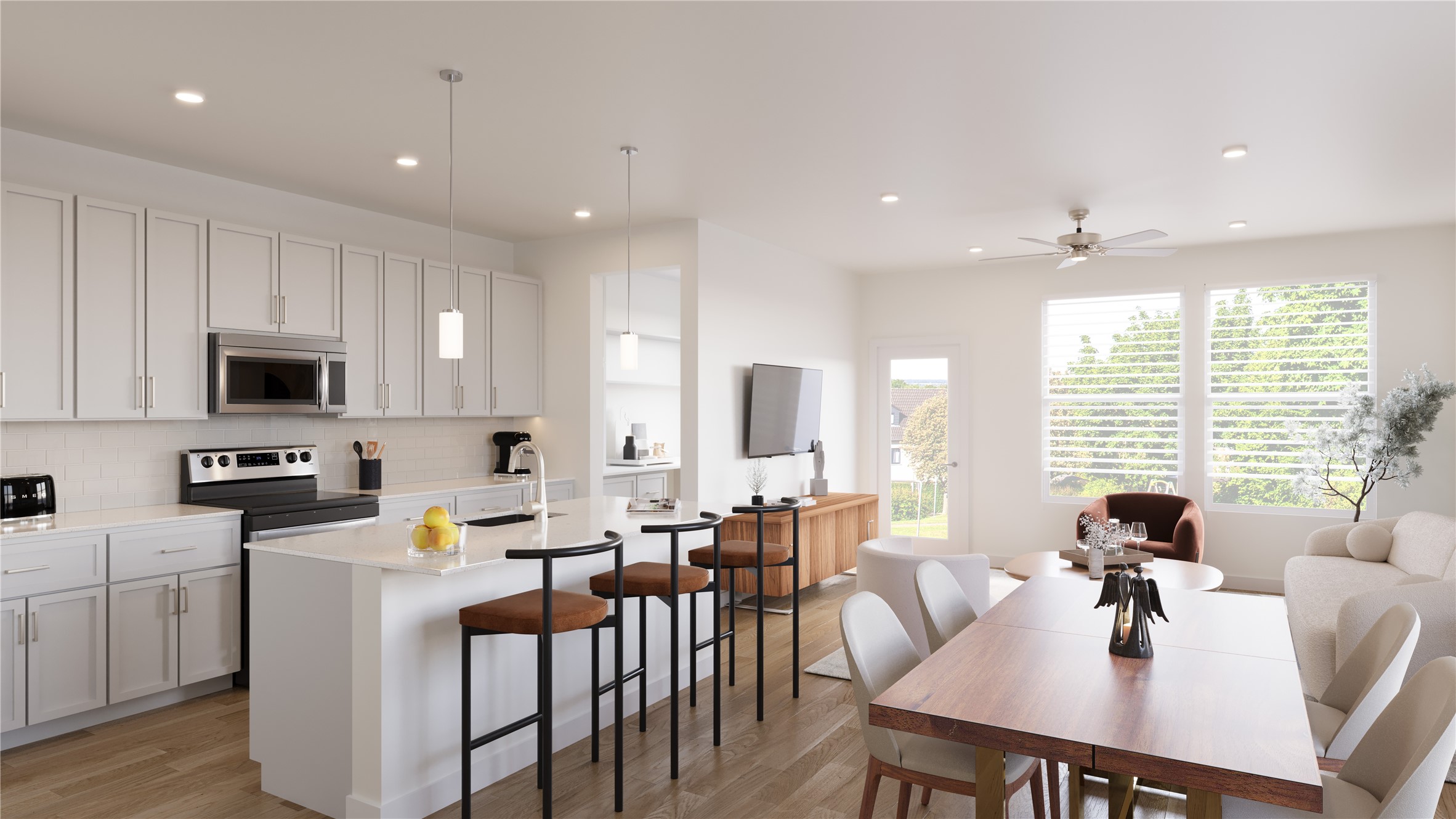 24718 Haverford Road, Unit 102 Spring, TX 77389 - Photo 2 of 7 a kitchen with stainless steel appliances kitchen island granite countertop a stove a sink a dining table and chairs