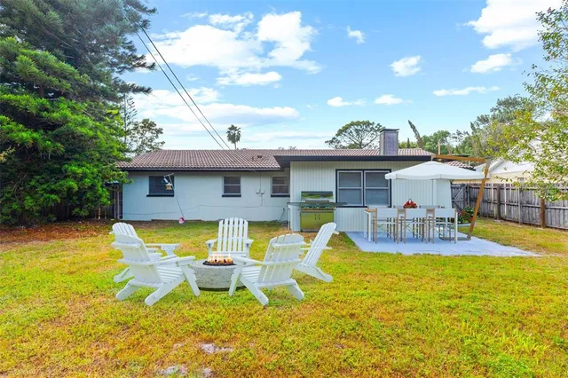 a view of a house with swimming pool and sitting area