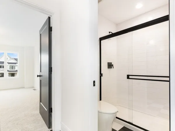 a bathroom with a shower and a toilet