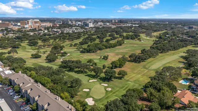 an aerial view of residential houses with outdoor space and trees