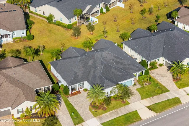 an aerial view of a swimming pool