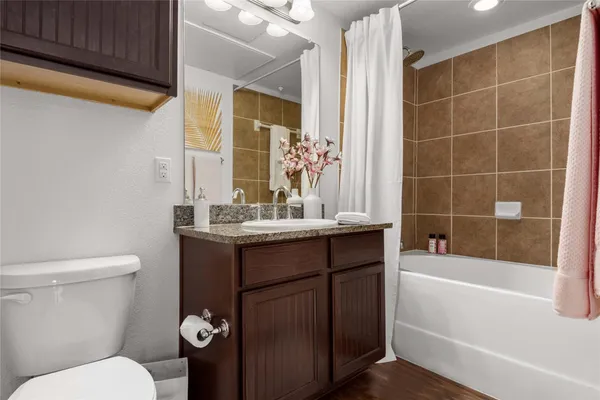 a bathroom with a sink mirror vanity toilet and bathtub