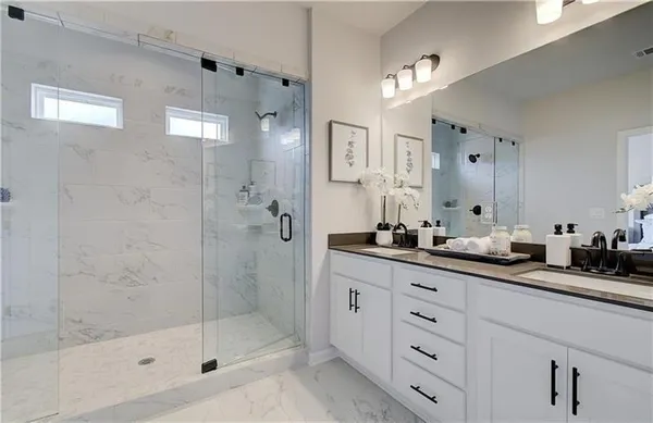 a bath room with a double vanity sink mirror and shower