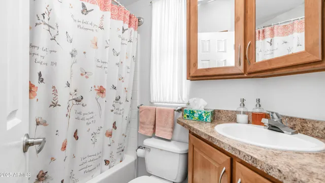 a bathroom with a granite countertop sink and a toilet
