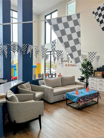 a living room with a rug