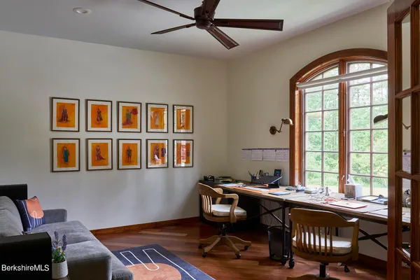 a workspace with chandelier